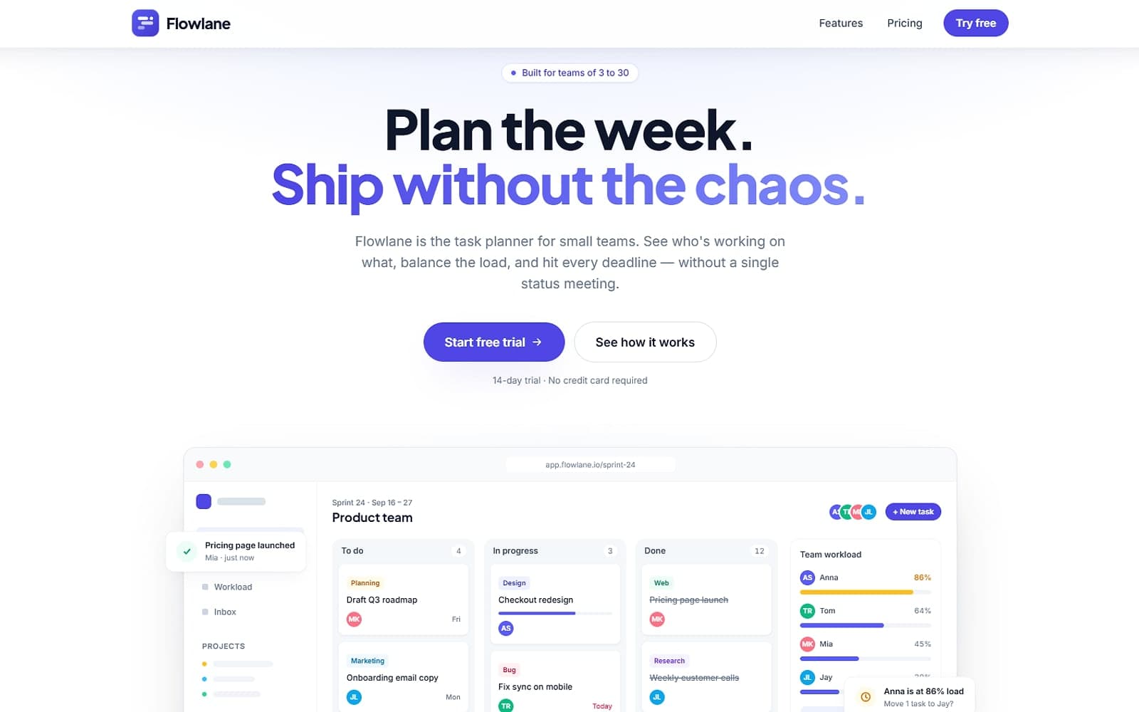 Flowlane — SaaS landing page with interactive product demo